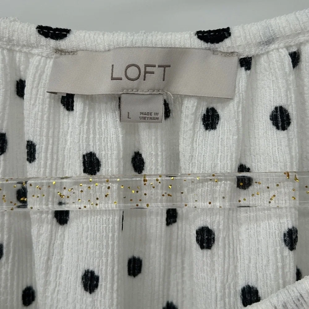 LOFT Womens Large Polka Dot Short Sleeve Puff Blouse White Black Textured Top